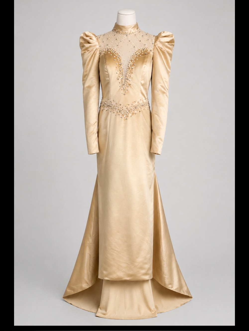 MISSACC Champagne Bridal Wedding Gown Beaded Satin Long Sleeve Train